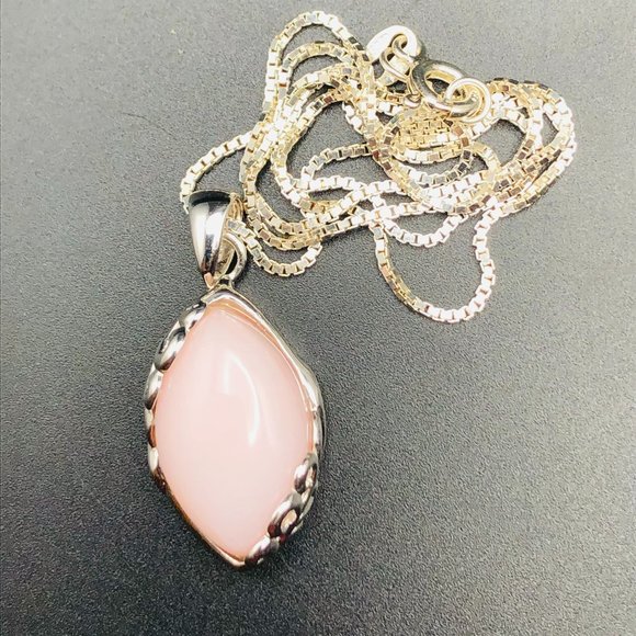 BBJ Sterling Silver 925, 16" Box Chain Necklace, Pink Agate Pendant, 8 Grams - Picture 3 of 14